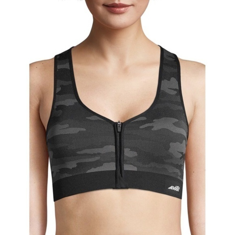 Avia Medium Support Black Camoโ Zip Front Bra Small